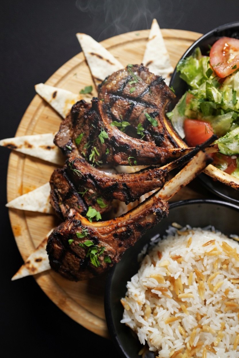Lamb chops with rice and salad